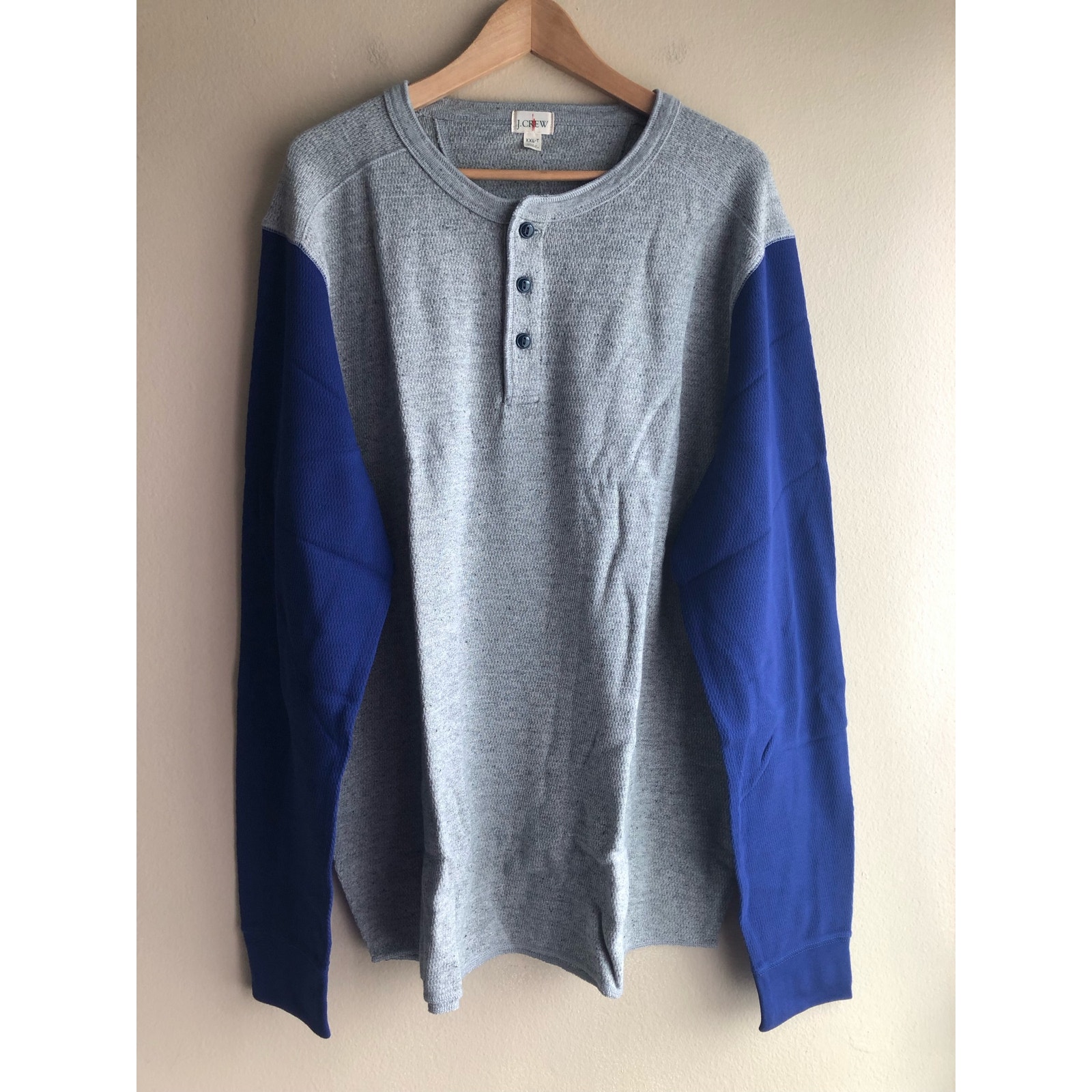 J.Crew Mens Oarsman Thermal Henley Sweater Blue Gray Waffleknit 2xlt